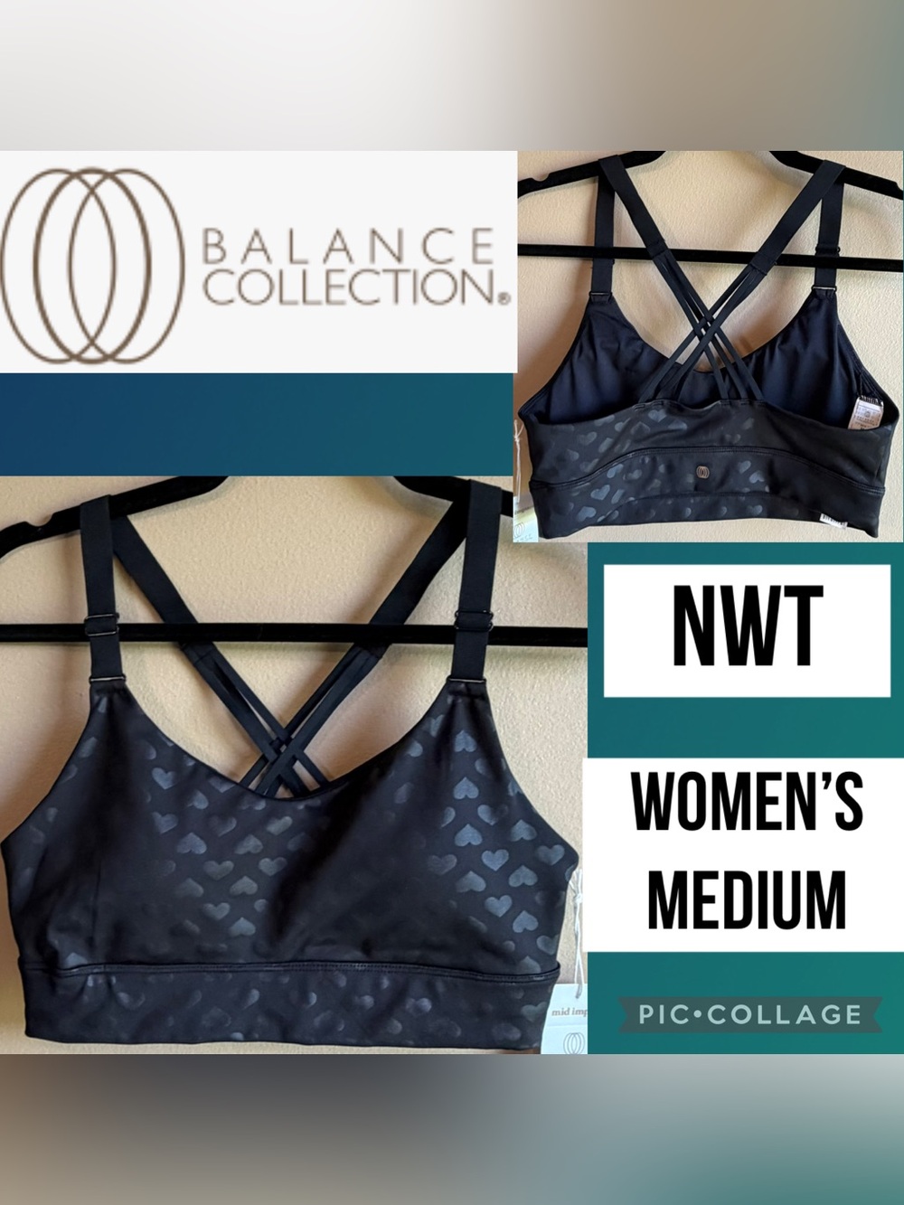 NWT Balance Collection Women’s Sports Bra Mid Impact Black Heart Embossed Size M